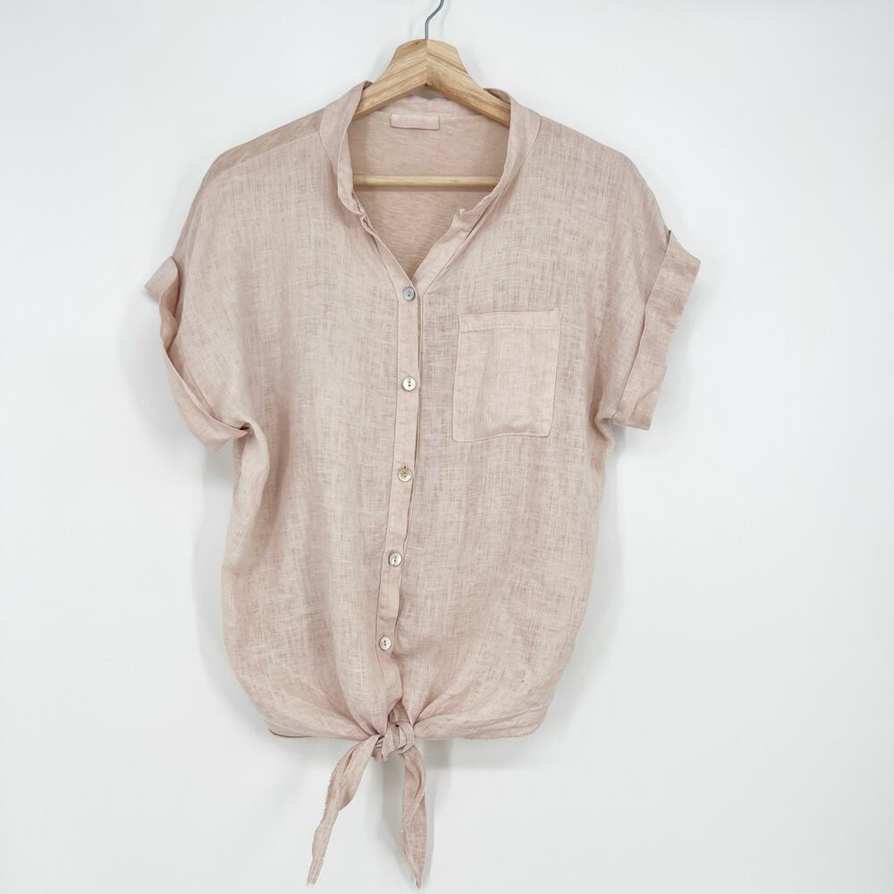 Scandal Italy 100% Linen Button Top Womens M Blush Pink Tie Front Short Sleeve